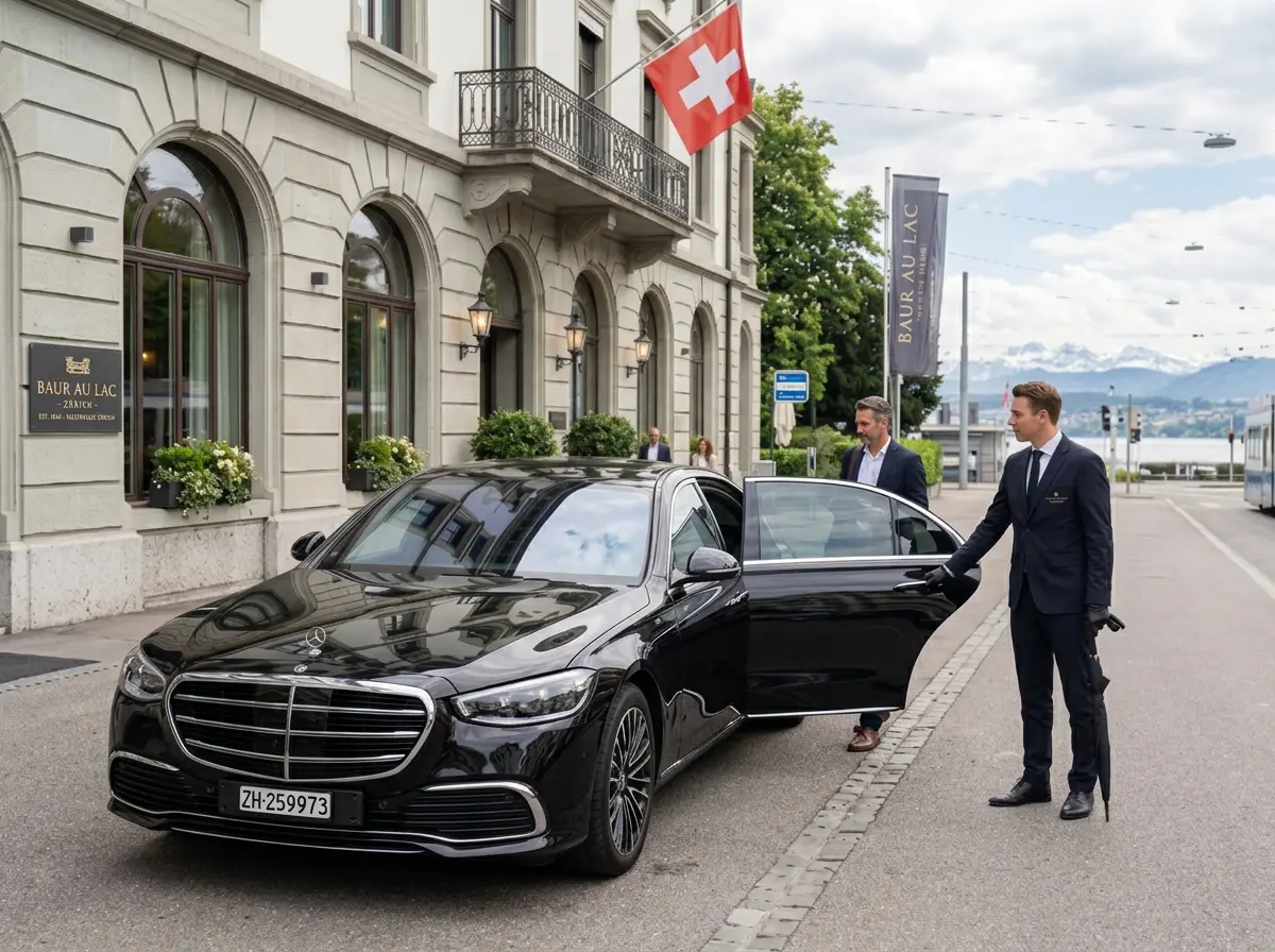 Chauffeur in dunklem Anzug öffnet die Fondtür einer schwarzen Mercedes S-Klasse vor dem Baur au Lac in Zürich