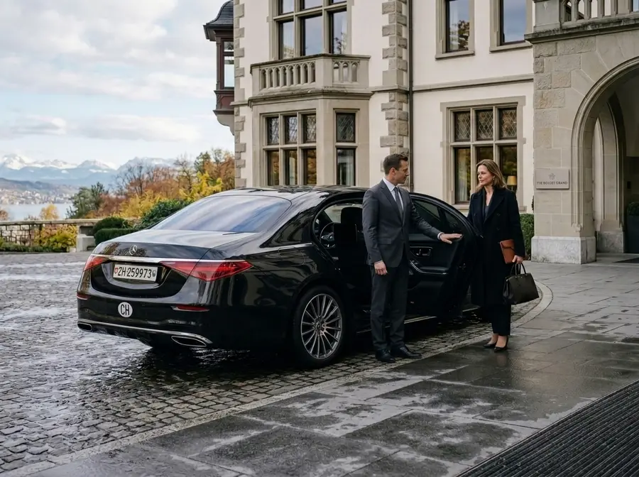 Schwarze Limousine vor einem Schweizer Anwesen mit Alpenpanorama