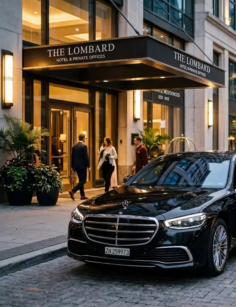Chauffeur erwartet seinen Gast neben einer schwarzen S-Klasse vor einem Stadthotel